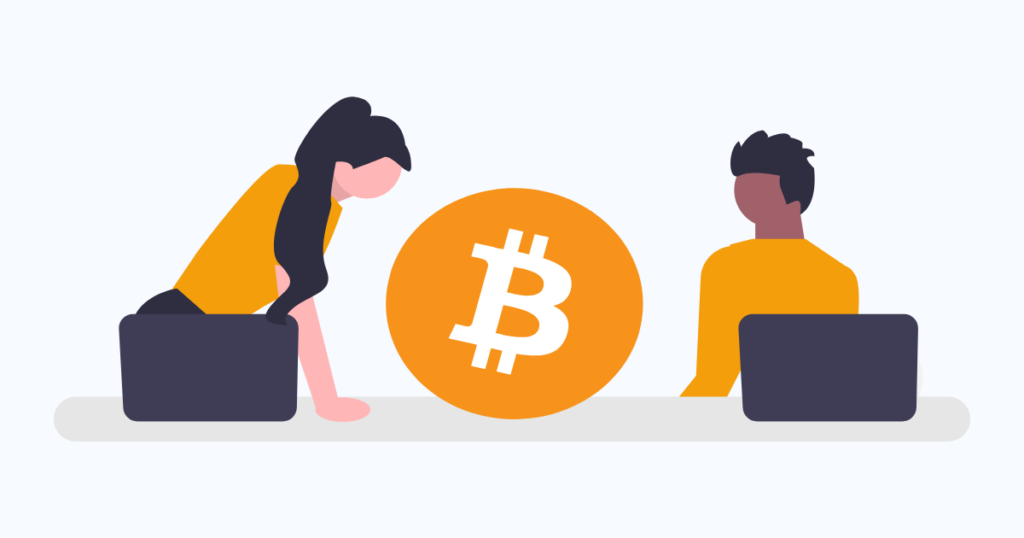 仮想通貨の銘柄選びや投資方法を考える様子を表したイラスト